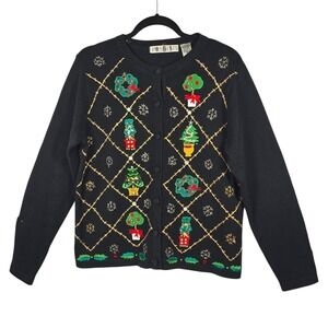 OHI Vintage Christmas Cardigan Sweater Women Small Black Embroidered Beaded Tree